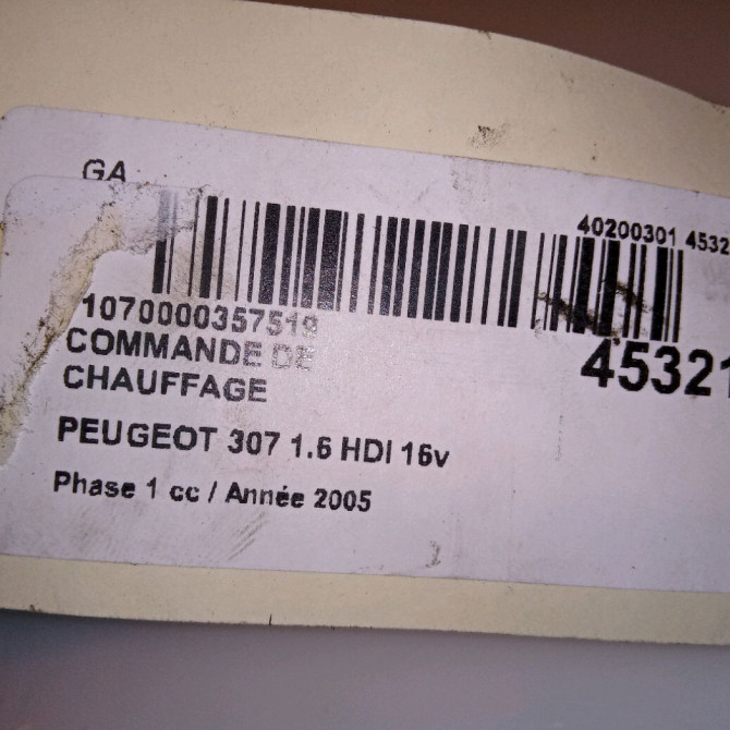 Commande de chauffage occasion PEUGEOT 307 Phase 1 04-2001->06-2005 1.6 HDI 16v 110ch 4