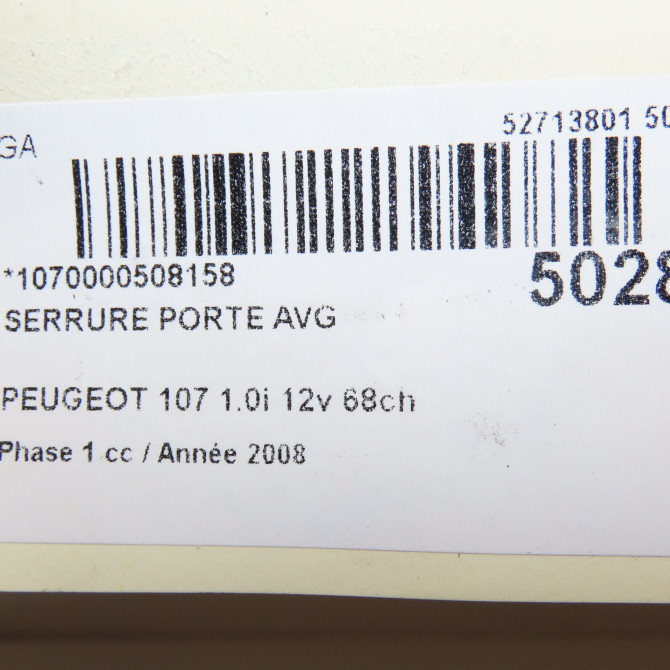 Serrure porte avg occasion PEUGEOT 107 Phase 1 06-2005->12-2008 1.0i 12v 68ch 9135S3 6