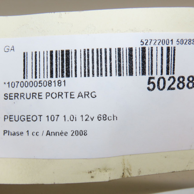 Serrure porte arg occasion PEUGEOT 107 Phase 1 06-2005->12-2008 1.0i 12v 68ch 9137E9 8