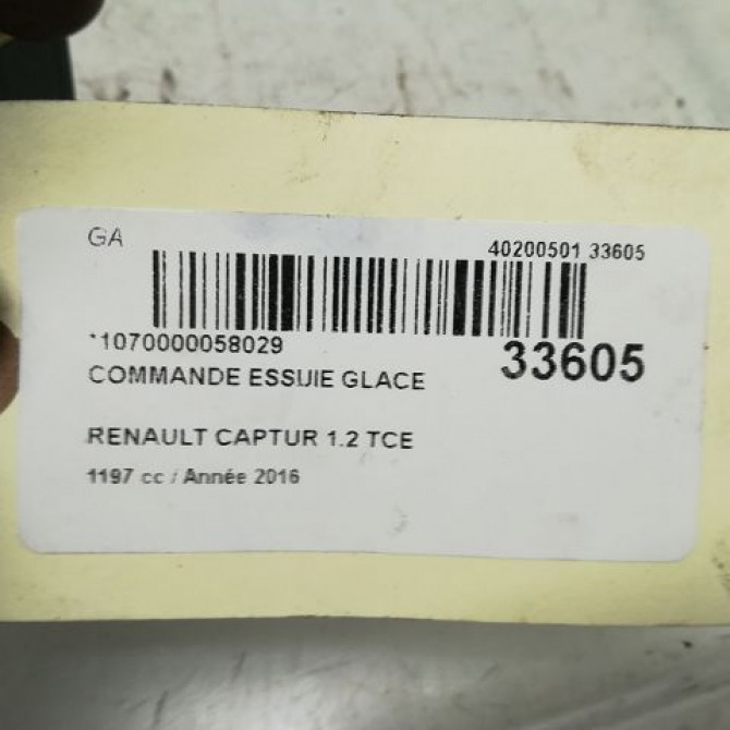 Commande essuie glace occasion RENAULT CAPTUR Phase 1 02-2013->... 1.2i 118 16V 8201168016 5