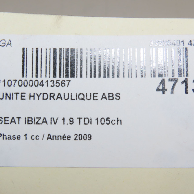 Unité hydraulique ABS occasion SEAT IBIZA IV Phase 1 05-2008->01-2012 1.9 TDI 105ch 6R0614117A 6