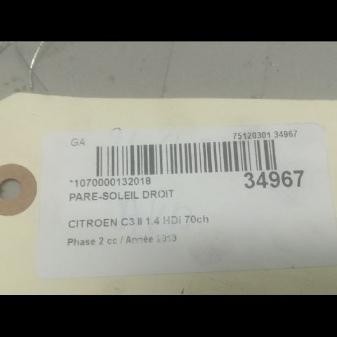 Pare-soleil droit occasion CITROEN C3 II Phase 2 03-2013->12-2016 1.4 HDi 70ch 16121658BJ 3