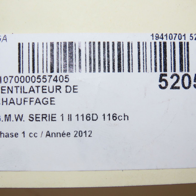 Ventilateur de chauffage occasion B.M.W. SERIE 1 II Phase 1 08-2011->06-2015 116D 116ch 64119350395 6