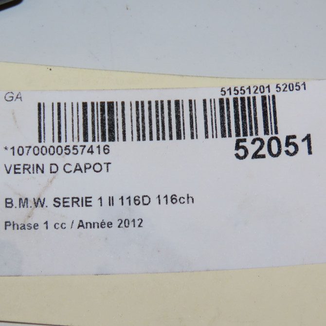 Verin d capot occasion B.M.W. SERIE 1 II Phase 1 08-2011->06-2015 116D 116ch 51237239233 4