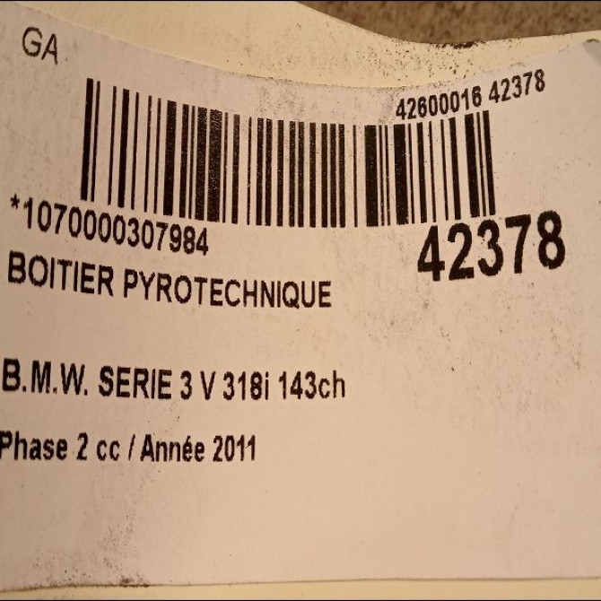 Boitier pyrotechnique occasion B.M.W. SERIE 3 V Phase 2 09-2008->12-2011 318i 143ch 65779184432 3