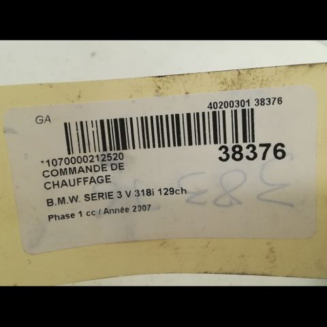 Commande de chauffage occasion B.M.W. SERIE 3 V Phase 1 03-2005->09-2008 318i 129ch 64119286618 3