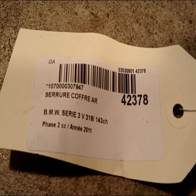 Serrure coffre arrière occasion B.M.W. SERIE 3 V Phase 2 09-2008->12-2011 318i 143ch 51247840617 3