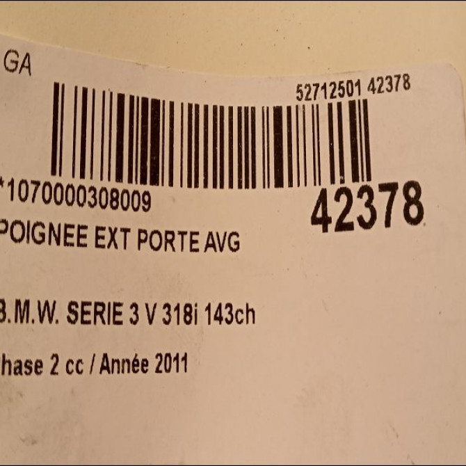 Poignee ext porte avg occasion B.M.W. SERIE 3 V Phase 2 09-2008->12-2011 318i 143ch 51217207561 2