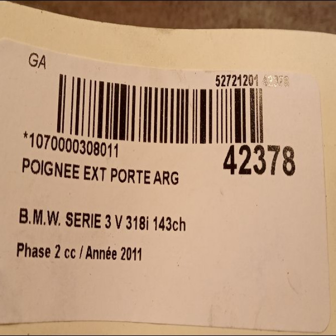 Poignee ext porte arg occasion B.M.W. SERIE 3 V Phase 2 09-2008->12-2011 318i 143ch 51217207561 2