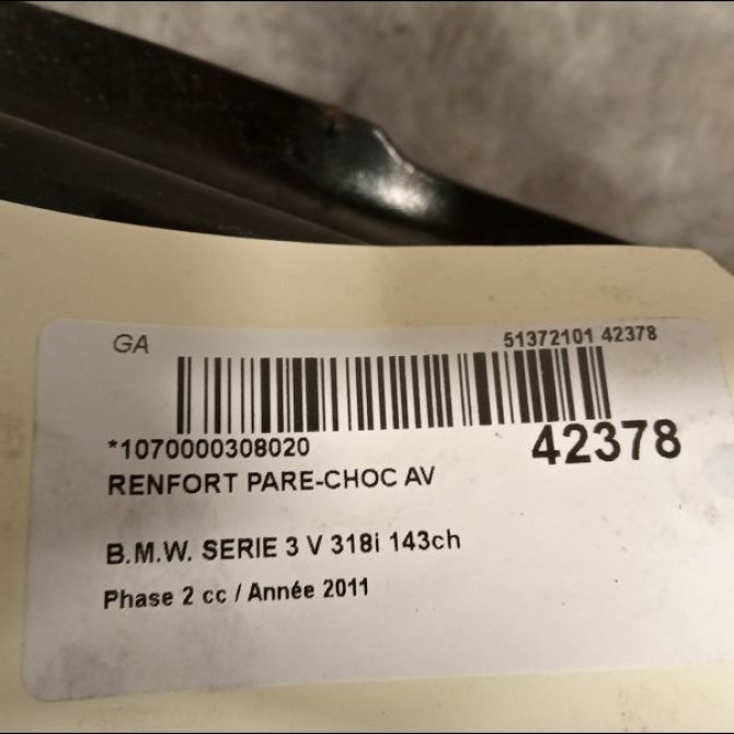 Renfort pare-choc avant occasion B.M.W. SERIE 3 V Phase 2 09-2008->12-2011 318i 143ch 51117146645 2