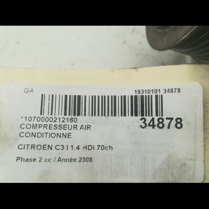 Compresseur air conditionne occasion CITROEN C3 I Phase 2 10-2005->12-2010 1.4 HDi 70ch 9800821980 3