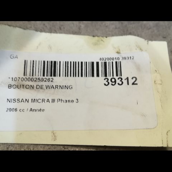 Bouton de warning occasion NISSAN MICRA III Phase 3 11-2007->11-2010 1.4i 88ch 25290BC60A 2