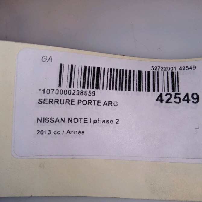 Serrure porte arg occasion NISSAN NOTE I phase 2 03-2009->02-2014 825019U10E 4