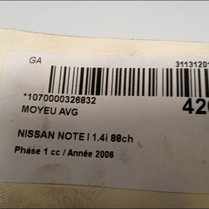 Moyeu avg occasion NISSAN NOTE I Phase 1 03-2006->03-2009 1.4i 88ch 40204AX600 3