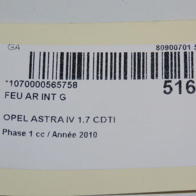 Feu arrière interieur gauche occasion OPEL ASTRA IV Phase 1 01-2010->06-2012 1.7 CDTI 125ch 13306455 5