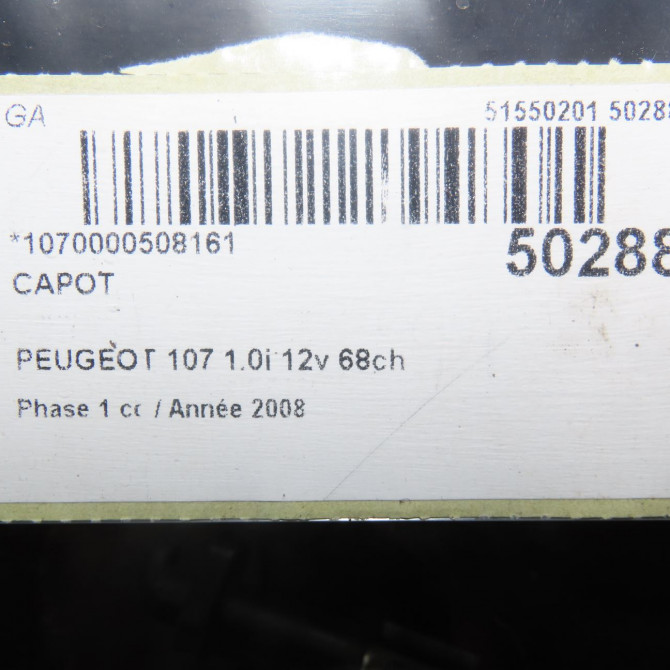 Capot occasion PEUGEOT 107 Phase 1 06-2005->12-2008 1.0i 12v 68ch 1611149380 6