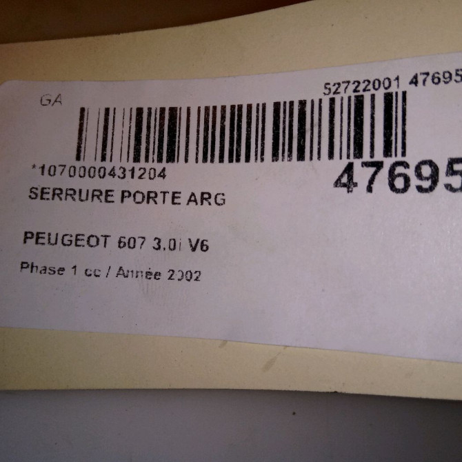 Serrure porte arg occasion PEUGEOT 607 Phase 1 11-1999->09-2004 3.0i V6 913783 4