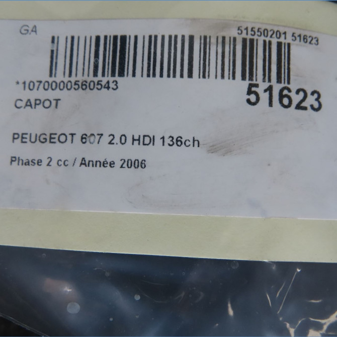 Capot occasion PEUGEOT 607 Phase 2 09-2004->12-2010 2.0 HDI 136ch 7901L2 6