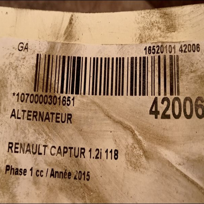 Alternateur occasion RENAULT CAPTUR Phase 1 02-2013->... 1.2i 118 16V 231006677R 4