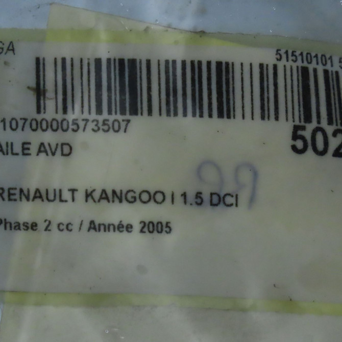 Aile avant droite occasion RENAULT KANGOO I Phase 2 03-2003->06-2010 1.5 DCI 80ch 5