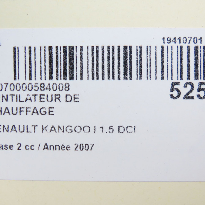 Ventilateur de chauffage occasion RENAULT KANGOO I Phase 2 03-2003->06-2010 1.5 DCI 70ch 7701059205 7