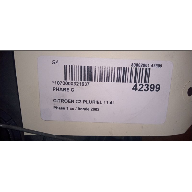 Phare gauche occasion CITROEN C3 PLURIEL I Phase 1 04-2003->09-2008 1.4i 6204ZL 4