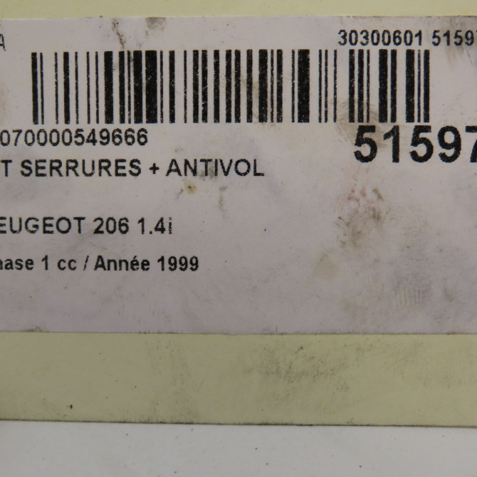 Kit serrures + antivol occasion PEUGEOT 206 Phase 1 09-1998->03-2009 1.4i 4162NQ 4