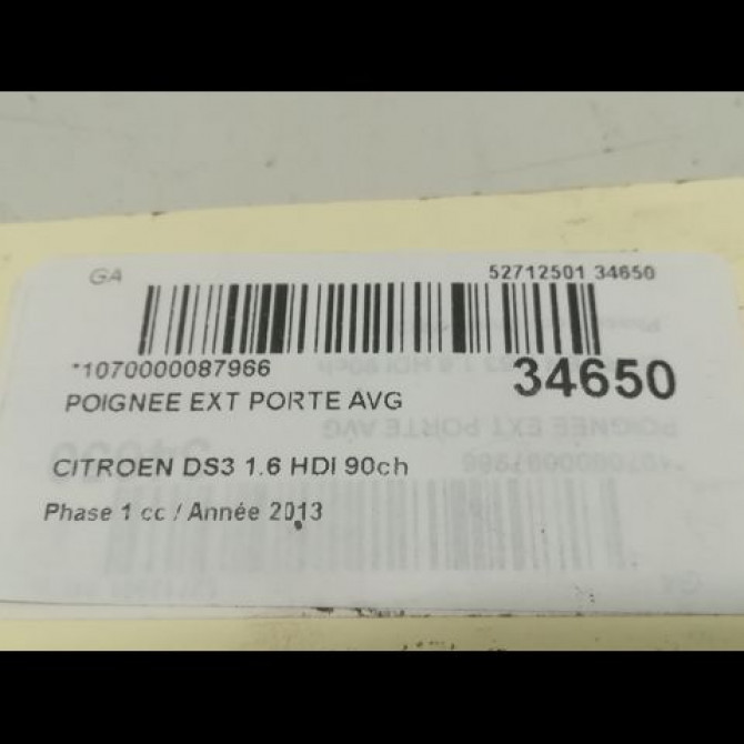 Poignee ext porte avg occasion CITROEN DS3 Phase 1 11-2009->03-2014 1.6 HDI 90ch 9101KY 3