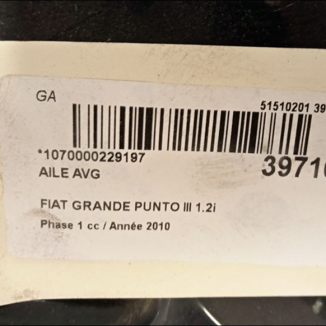 Aile avant gauche occasion FIAT GRANDE PUNTO III Phase 1 09-2005->12-2013 1.2i 65ch 51855636 3
