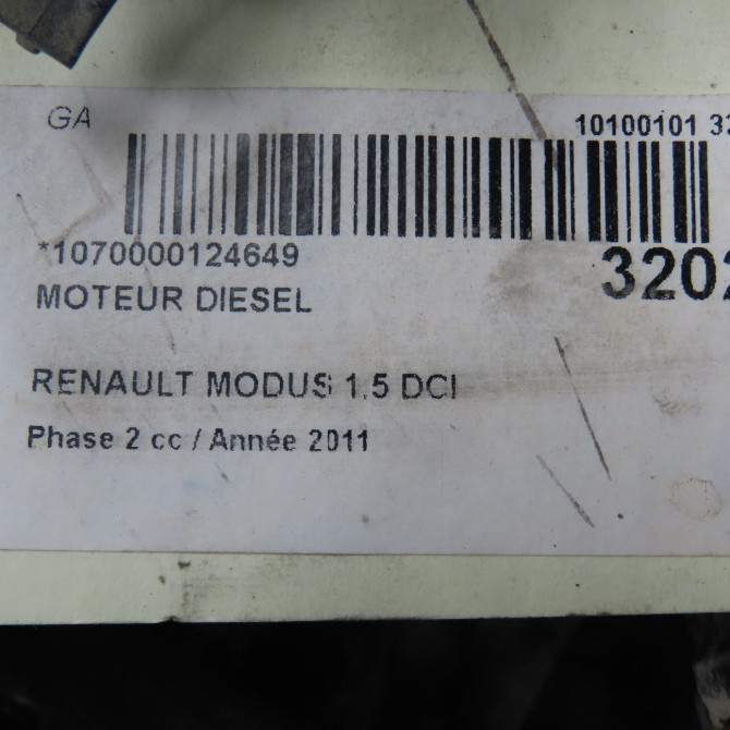 Moteur diesel occasion RENAULT MODUS Phase 2 01-2008->12-2012 1.5 DCI 75ch 8201161314 8