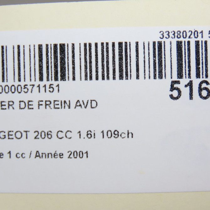 Etrier de frein avant droit occasion PEUGEOT 206 CC Phase 1 10-2000->03-2007 1.6i 109ch 4400P3 6