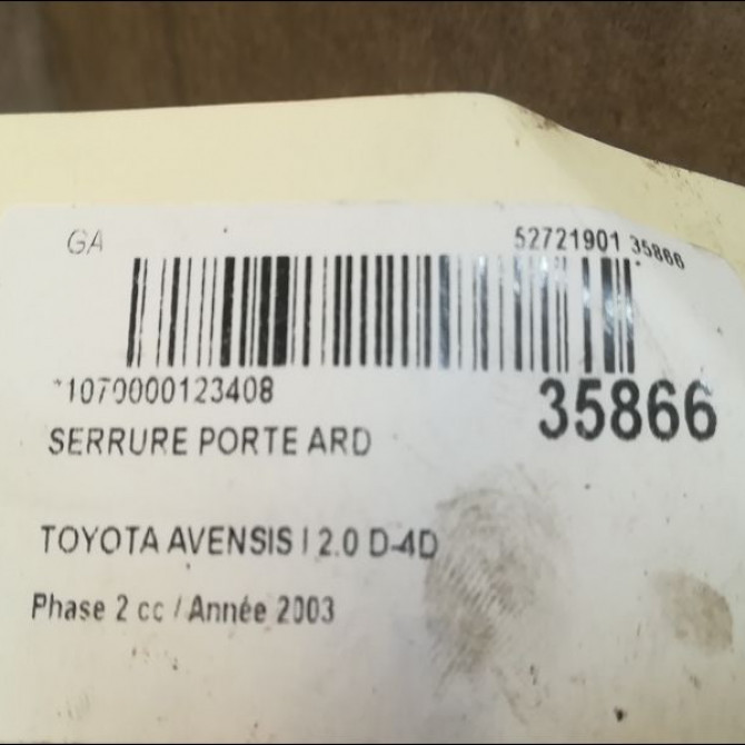 Serrure porte ard occasion TOYOTA AVENSIS I Phase 2 09-2000->05-2003 2.0 D-4D 6905002101 3