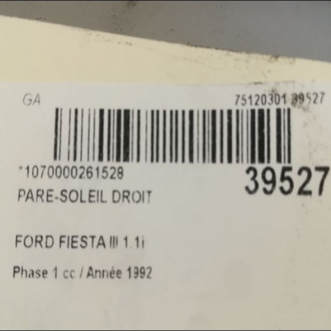 Pare-soleil droit occasion FORD FIESTA III Phase 1 03-1989->01-1994 1.8 D 3