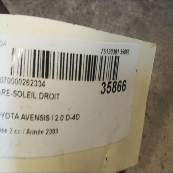 Pare-soleil droit occasion TOYOTA AVENSIS I Phase 2 09-2000->05-2003 2.0 D-4D 7431005160B1 3
