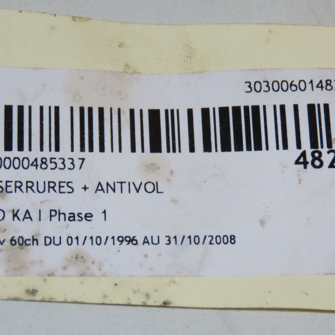 Kit serrures + antivol occasion FORD KA I Phase 1 10-1996->10-2008 1.3i 8v 60ch 3789996 5