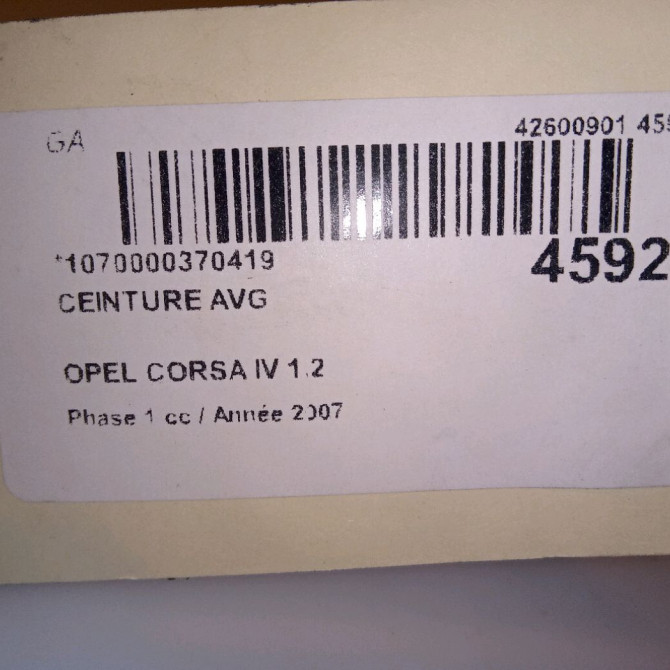 Ceinture avant gauche occasion OPEL CORSA IV Phase 1 09-2006->12-2010 1.2 TWINPORT 80ch 13240192 4