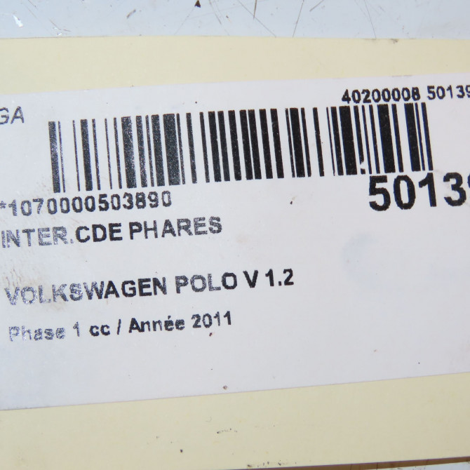 Interrupteur commande de phares occasion VOLKSWAGEN POLO V POLO V Phase 1 2009-09-01->2014-05-31 1.2 70ch 6R0941531FAPV 3