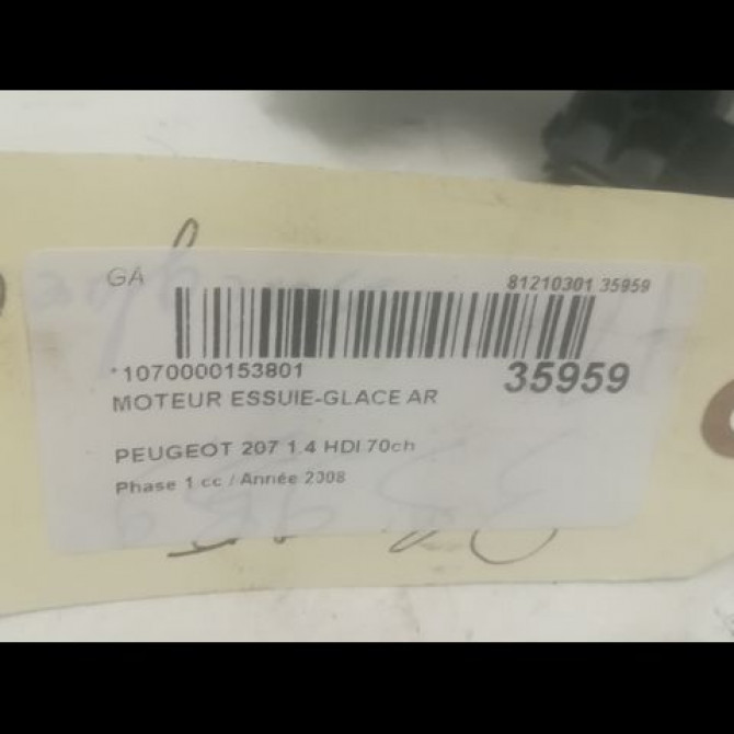 Moteur essuie-glace arrière occasion PEUGEOT 207 Phase 1 04-2006->06-2013 1.4 HDI 70ch 6405AN 3