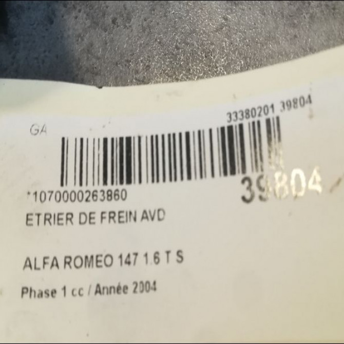 Etrier de frein avant droit occasion ALFA ROMEO 147 Phase 1 09-2000->09-2004 1.6 T S 120ch 77365072 3