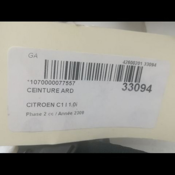 Ceinture arrière droite occasion CITROEN C1 I Phase 2 11-2008->01-2012 1.0i 8974LG 4