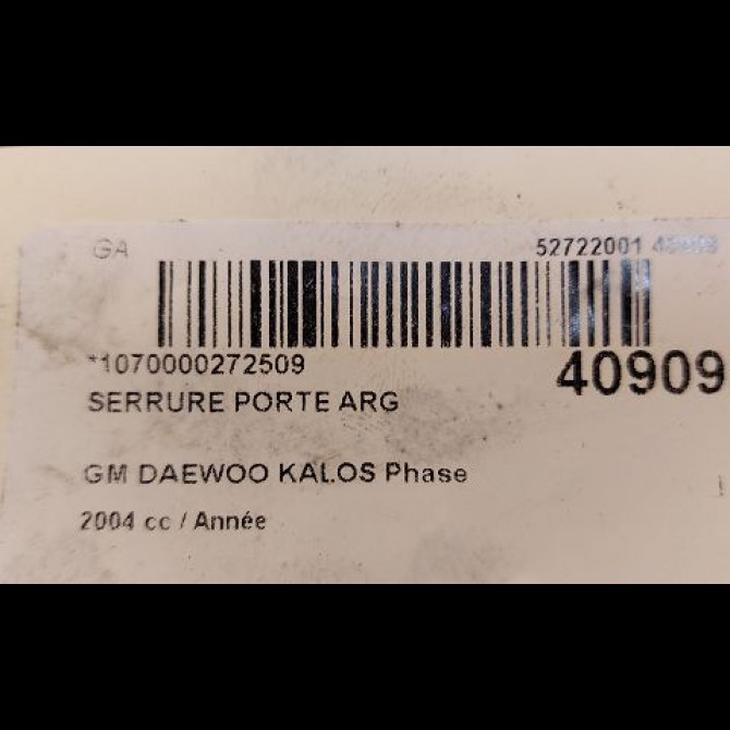 Serrure porte arg occasion GM DAEWOO KALOS Phase 1 09-2002->12-2004 96260995 3
