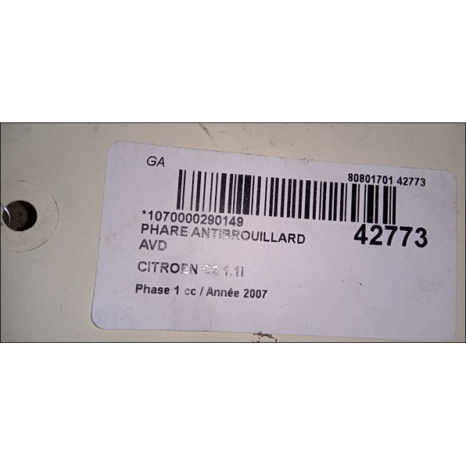 Phare antibrouillard avant droit occasion CITROEN C2 Phase 1 09-2003->10-2008 1.1i 6208E1 3