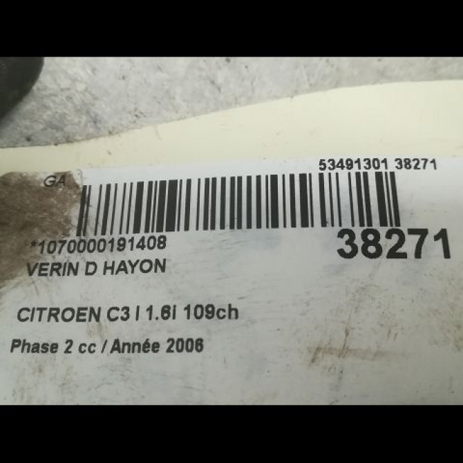 Verin droit hayon occasion CITROEN C3 I Phase 2 10-2005->12-2010 1.6i 109ch 8731G3 2