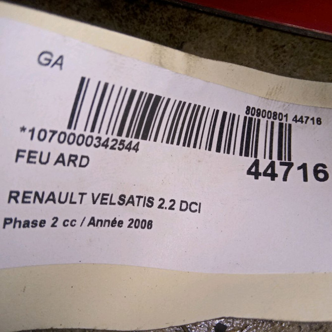 Feu arrière droit occasion RENAULT VELSATIS Phase 2 04-2005->12-2009 2.2 DCI 150ch 8200686567 3
