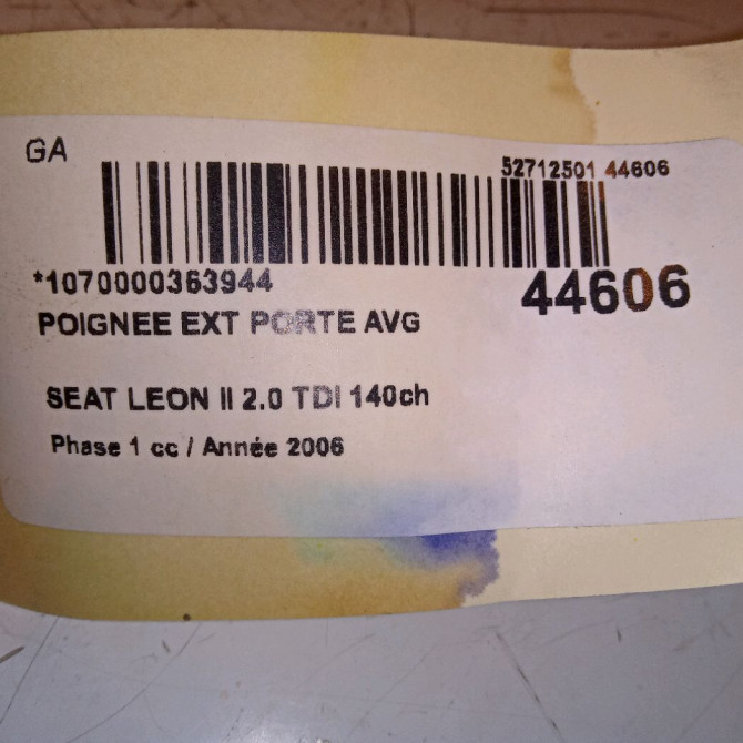 Poignee ext porte avg occasion SEAT LEON II Phase 1 09-2005->05-2009 2.0 TDI 140ch 3B0837207GGRU 4