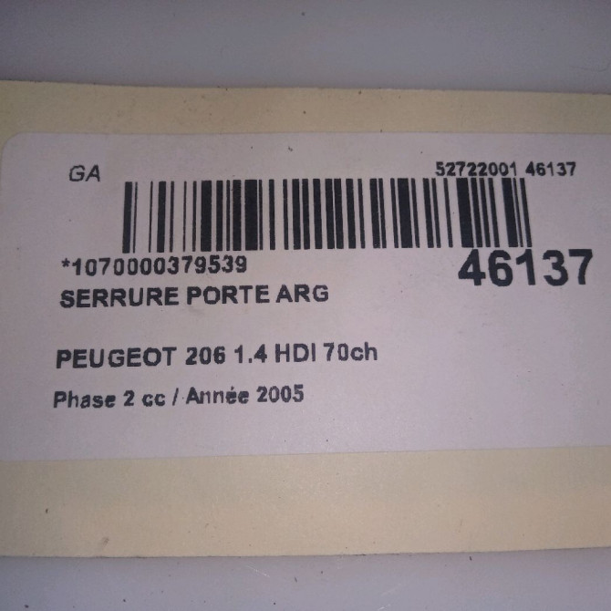 Serrure porte arg occasion PEUGEOT 206 Phase 2 02-2003->02-2009 1.4 HDI 70ch 9137E5 5