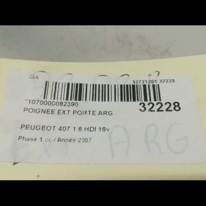 Poignee ext porte arg occasion PEUGEOT 407 Phase 1 04-2004->07-2008 2.0 HDI 136ch 9101ER 3
