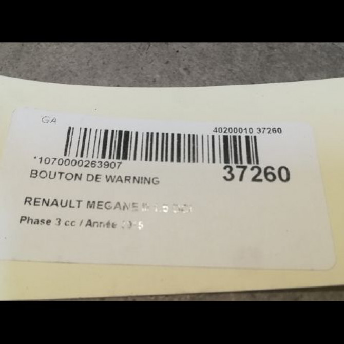 Bouton de warning occasion RENAULT MEGANE III Phase 3 10-2013->... 1.5 DCI 95ch 2