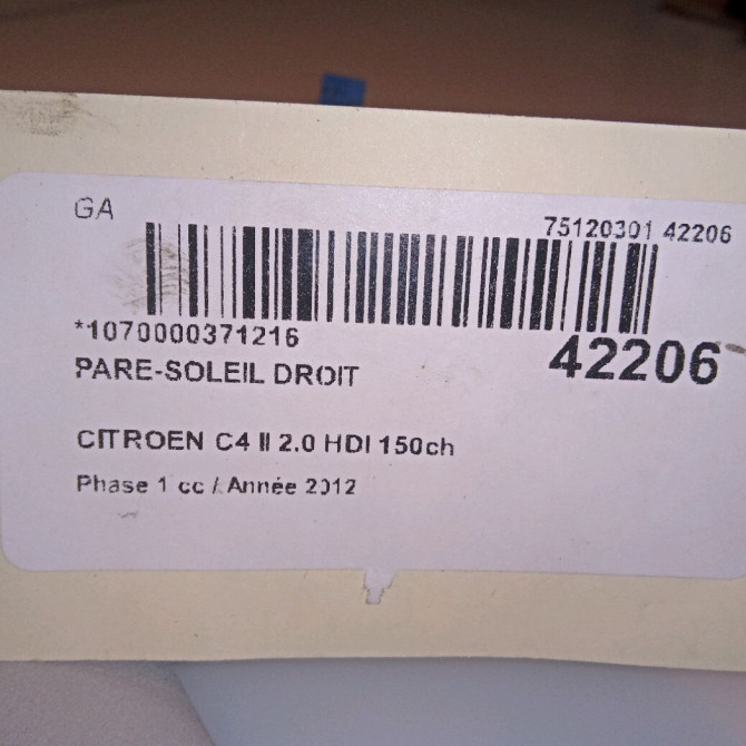 Pare-soleil droit occasion CITROEN C4 II Phase 1 10-2010->01-2015 2.0 HDI 150ch 16128920BJ 4