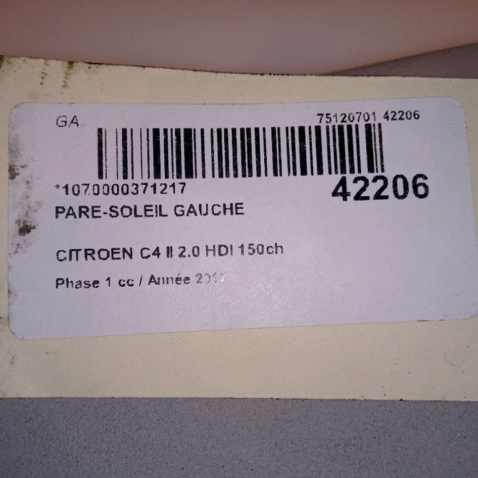 Pare-soleil gauche occasion CITROEN C4 II Phase 1 10-2010->01-2015 2.0 HDI 150ch 16128920BJ 4